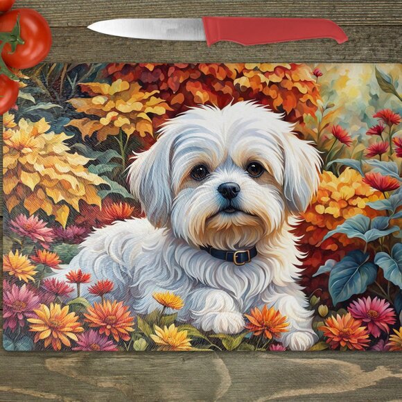 Maltese Dog Fall Kitchen Textured Tempered Glass Trivet/Cutting Board - Picture 1 of 2
